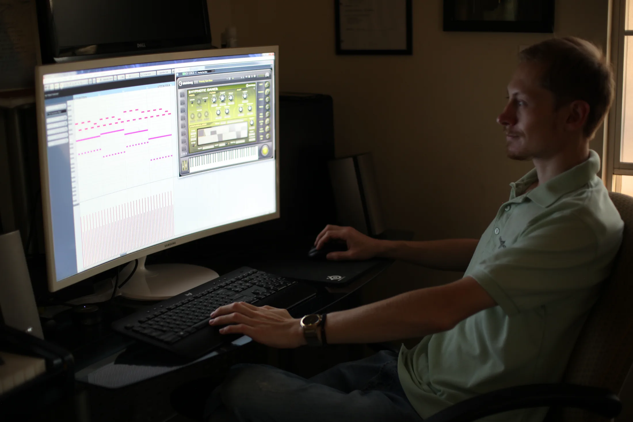 Source photograph of Ryan seated at a Cubase session with MIDI notes and a virtual instrument visible