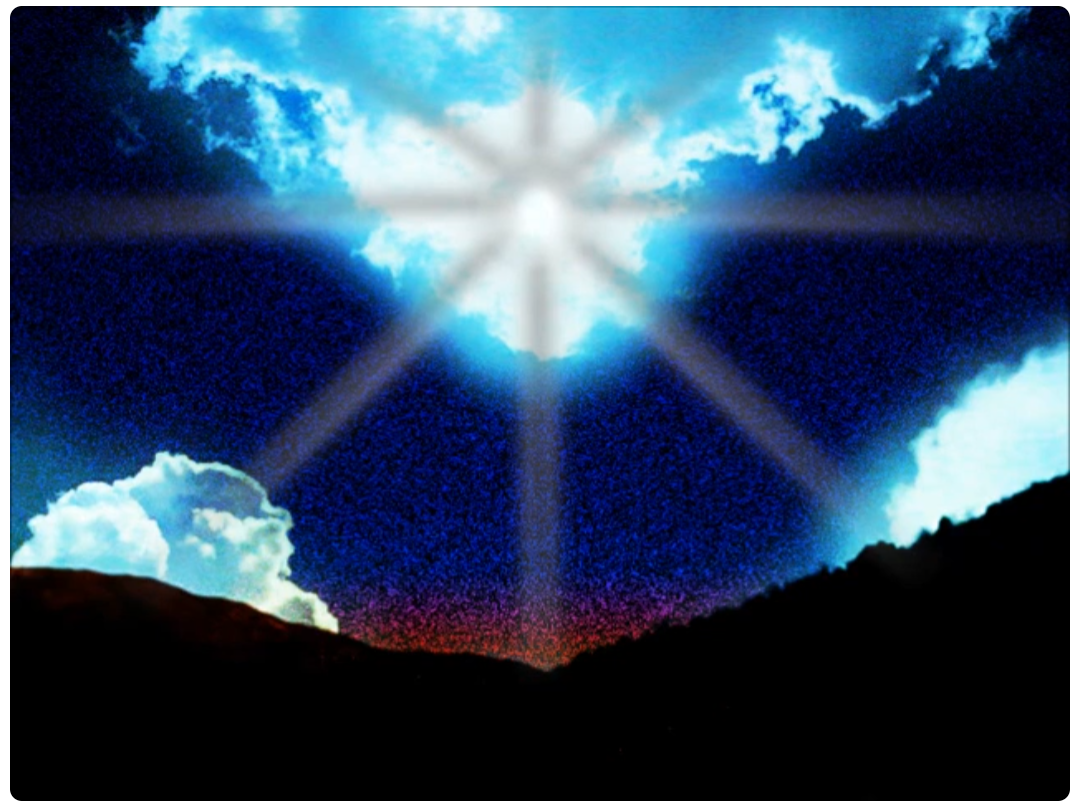 Early Pombrah artwork study with a bright emblem among blue clouds and dark hills