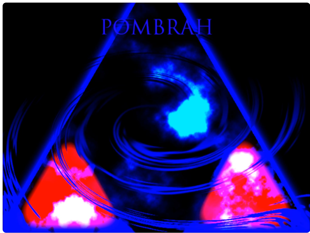 Early Pombrah abstract artwork in electric blue, red, and black with triangular forms