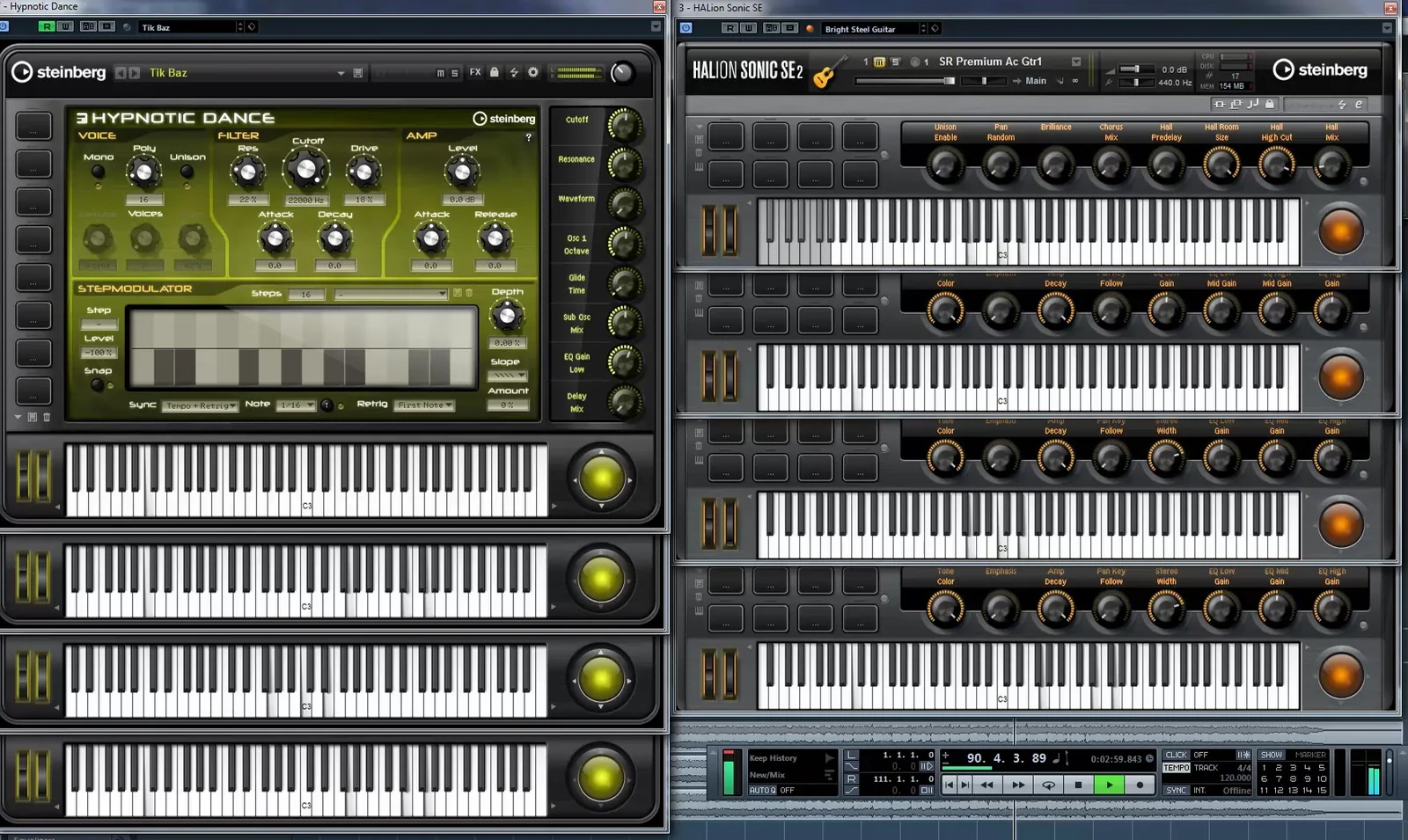 Archival Cubase session for Pursuit of Happiness with eight stacked virtual-instrument keyboards showing different MIDI notes during playback